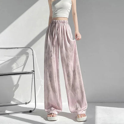 Summer Thin Ice Silk Satin Dyed Wide Leg Pants Women Loose Casual Drape High Waist Slimming Pants Ins Straight Leg Elastic Wa...