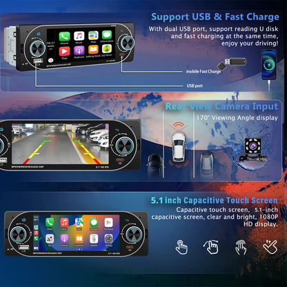 5.1Inch 1Din Car Radio MP5 IPS HD Player Support Wireless Carplay Android Auto Bluetooth FM AM RDS Stereo USB WIFI Video Player