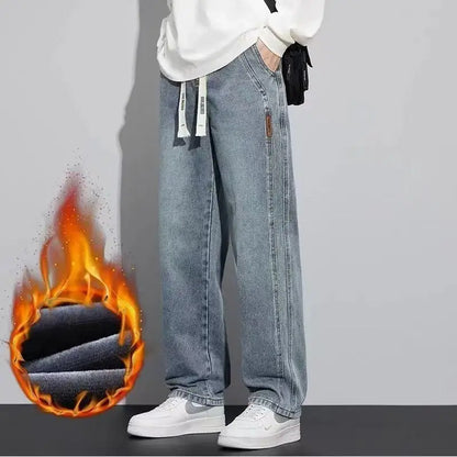 Retro American Wide Leg Men's Jeans Straight Thickened Fleece Loose Autumn Winter Wear Resistant Long Trousers Cotton Elastic...