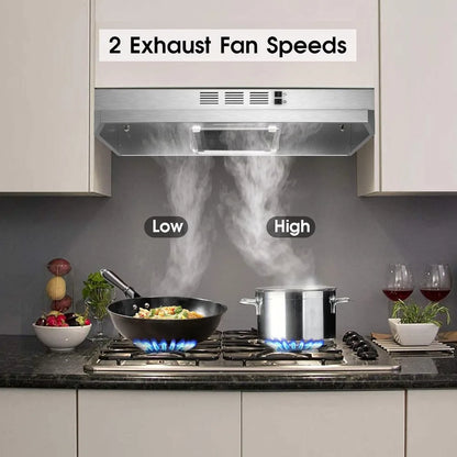 30 Inch Under Cabinet Range Hood, 280CFM Stainless Steel Kitchen Vent, Ducted/Ductless Convertible, 2 Speeds, LED Light