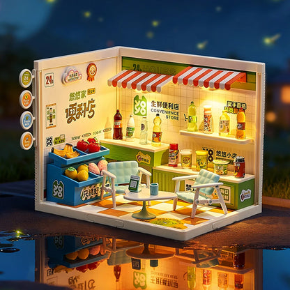 Micro Model Mini Dollhouse Playset with Light, Portable Grill Shop & Beauty Store Pretend Play Toy for Kids, Ideal Birthday Chri
