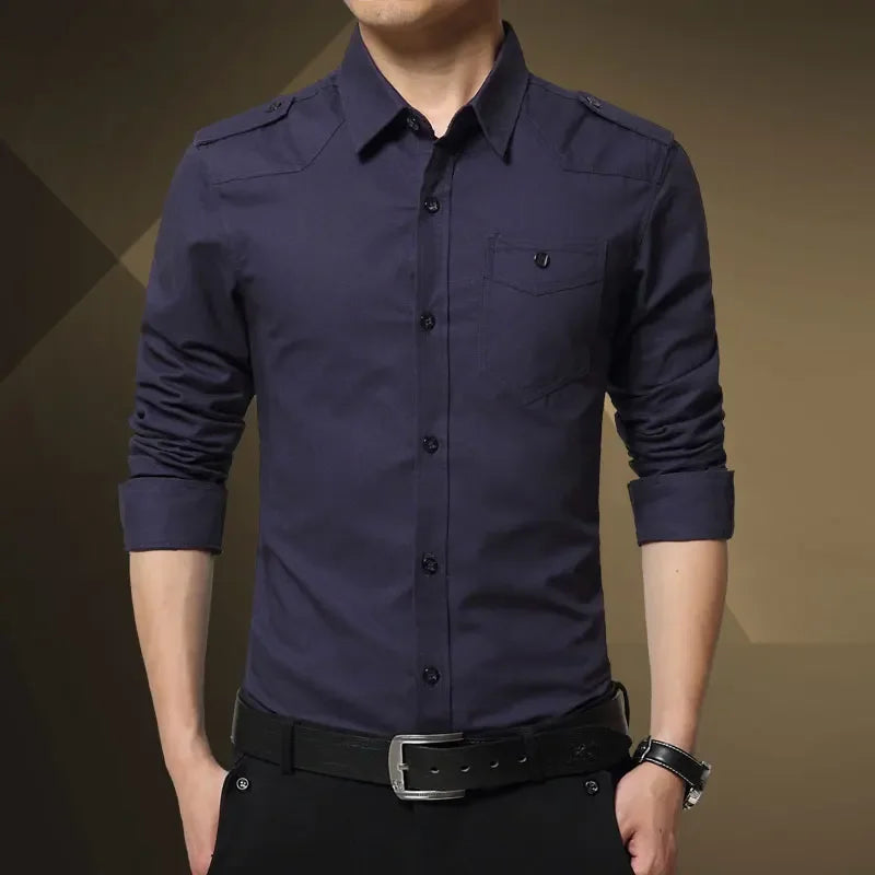 2026 Men's Epaulette Shirt Fashion Full Sleeve Epaulet Shirt Military Style 100% Cotton Army Green Shirts with Epaulets