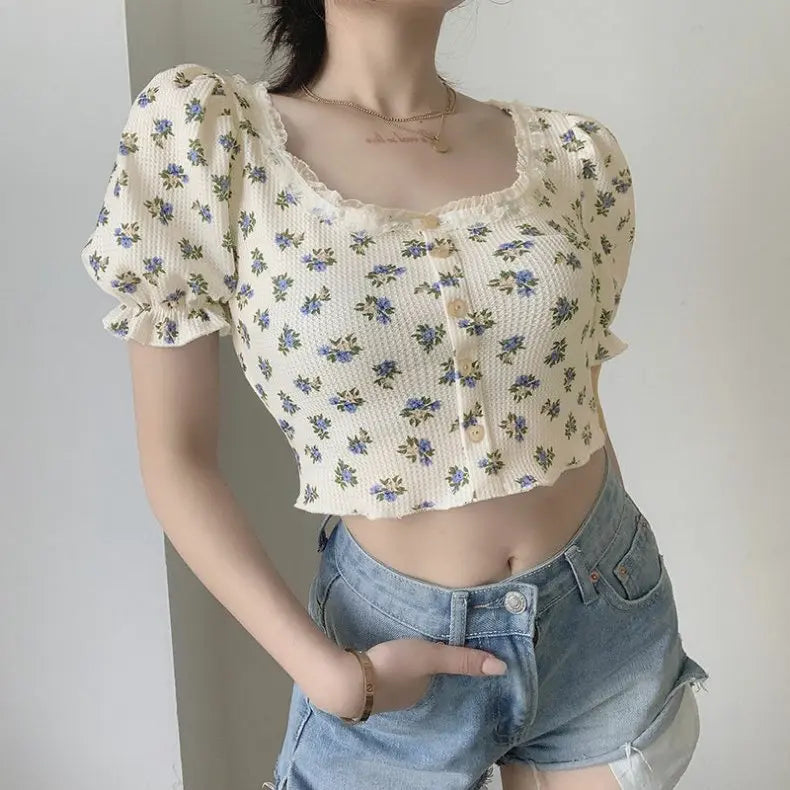 Floral Print Square Neck Short Sleeve Slim Fit T-Shirt Women's Summer 2026 New Bubble Sleeve Belly Baring Trendy Top