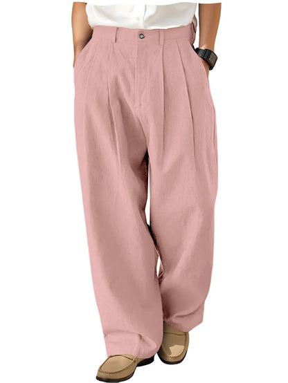 Men's Loose Pleated Wide Leg Pants Breathable Linen Blend Trousers Casual Business Suit Pants Summer Streetwear Daily Wear