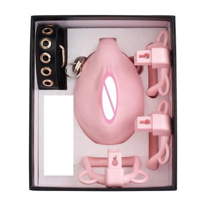 FRKO Real Pussy Labia Sissy Chastity Cage Set 정조대 4 Size Penis Ring Belt Lock Cock Anal Plug Pussy Worship Sex Toys For Men BDSM