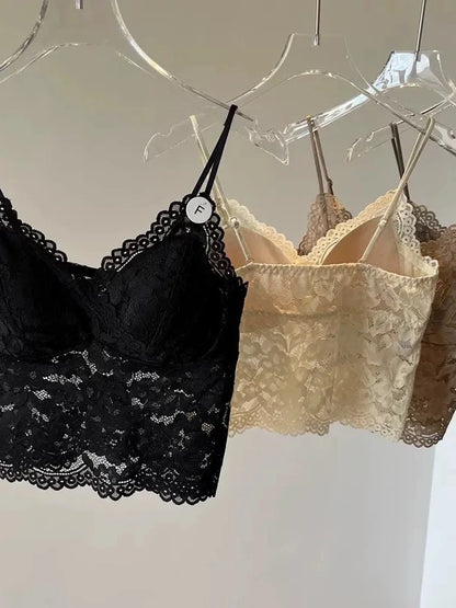 Lace Strap Women's Integrated Fixed Cup Sexy Back Vest Top Short Inner Wear Tank Top Bralette Comfortable Breathable Nylon