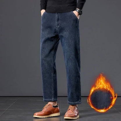 Winter Fleece Thickened Warm Men's Jeans Retro Blue Velvet Straight Leg Length Nine-point Denim Trousers Lined Wool  Pants