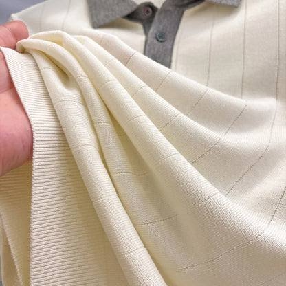 Quality Designer Brand Men Short-Sleeved Knitted Shirt Lapel Button Flax-Containing British Style Summer Leisure Men's Clothing