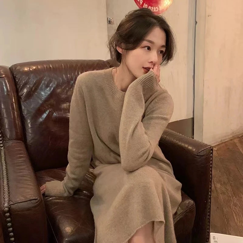 Women's Pure Cashmere Knit Dress Simple round Neck Knee-High Coat Long Sweater Skirt Autumn Winter Fashion New Arrival