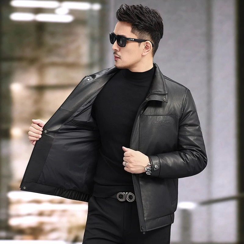 QYLVAWOY Real Leather Jacket Man Stand Collar Puffer Jacket  Winter Jackets Versatile Jackets for Man Short Coat Casual Fashion