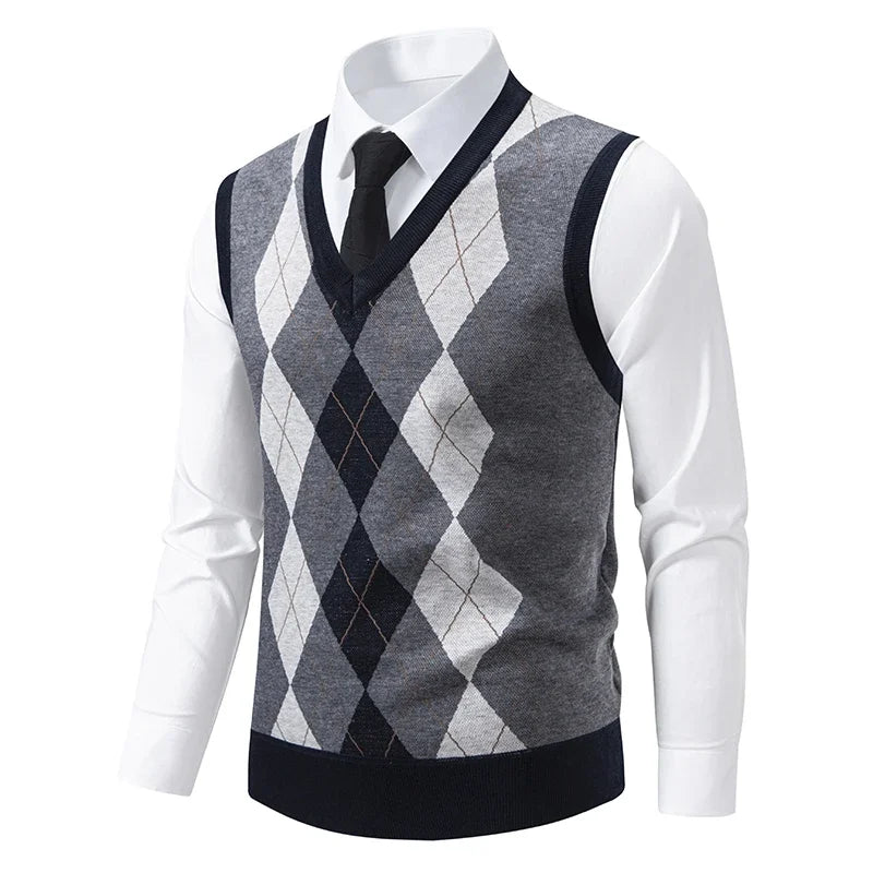 Men's Knitted Warm Sweater in Autumn and Winter V-neck Vest Diamond Grid Twisted Flower Casual Fashion Versatile Top