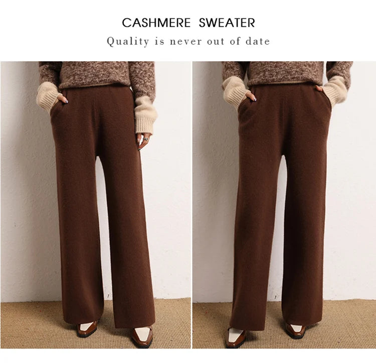 Women's 100% Cashmere Wide Leg Pants Knitted Thick Autumn/Winter Casual Solid Color Elastic Waistband Pockets