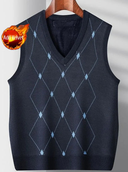 Korean Style Fashion High Quality Men's Argyle Knitted Vest Autumn Winter Fleece Lined Thickened Middle Aged Casual Waistcoat