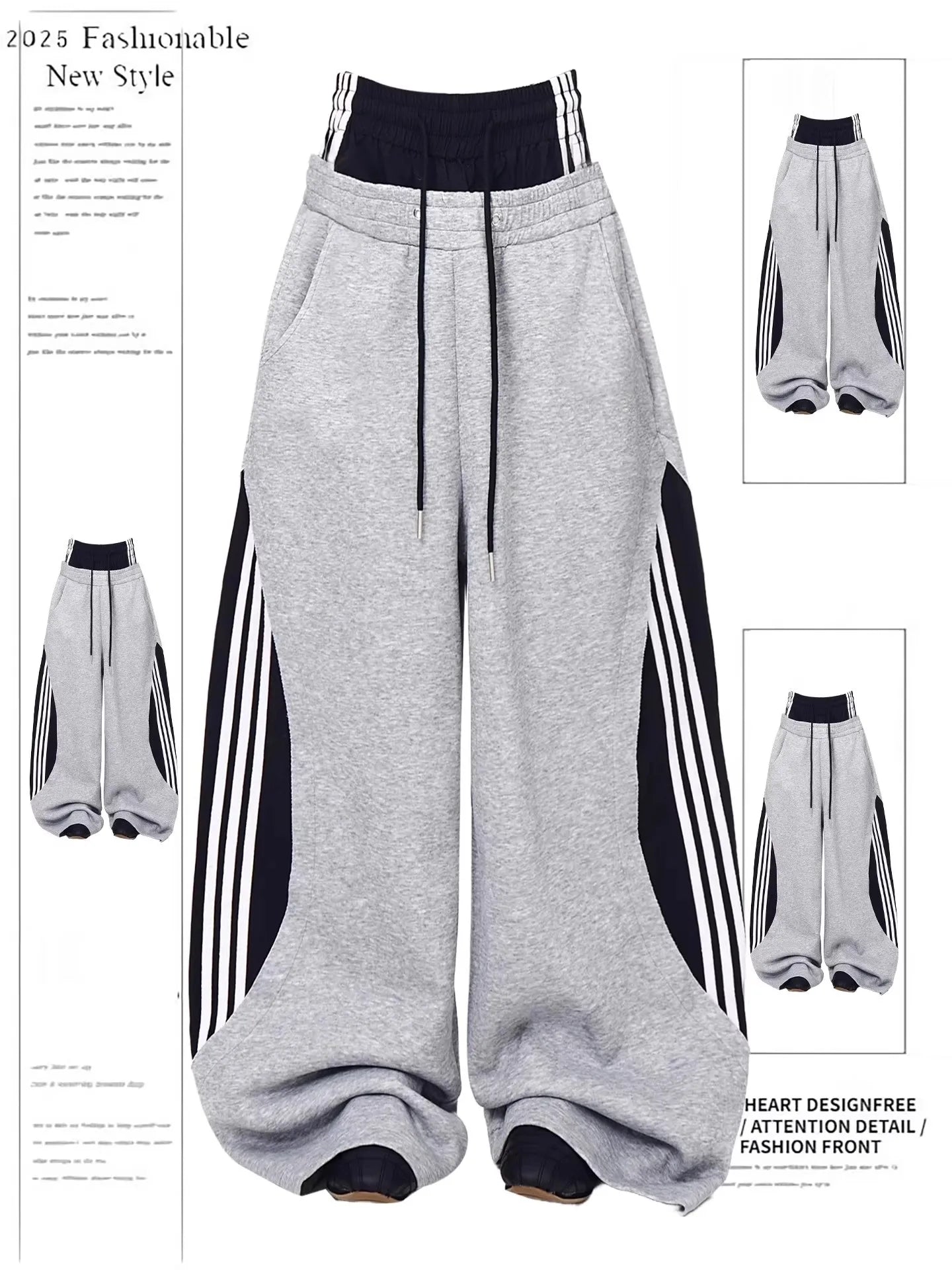 Retro American Fleece Lined Thickened Knife  Wide Leg Pants Women's Winter Double Waist Dance Trousers Casual Striped Pants