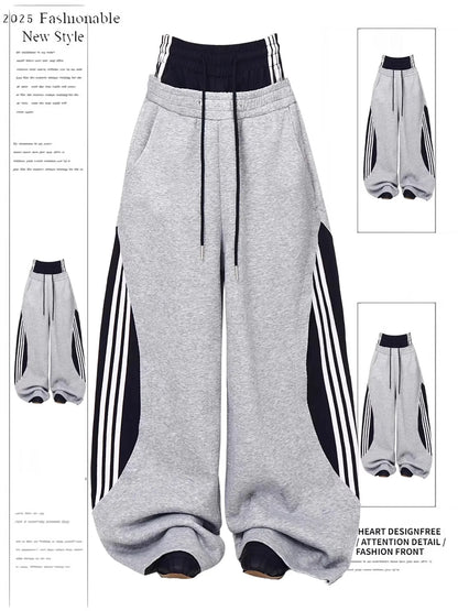 Retro American Fleece Lined Thickened Knife  Wide Leg Pants Women's Winter Double Waist Dance Trousers Casual Striped Pants