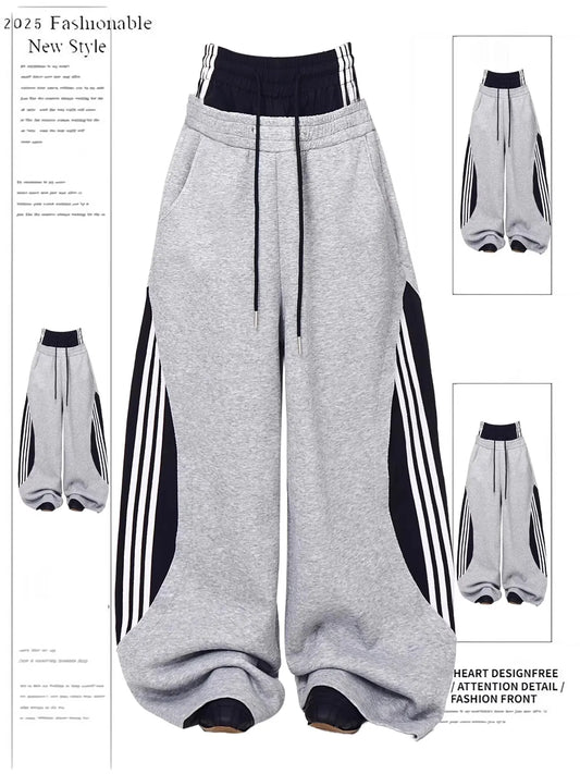 Retro American Fleece Lined Thickened Knife  Wide Leg Pants Women's Winter Double Waist Dance Trousers Casual Striped Pants