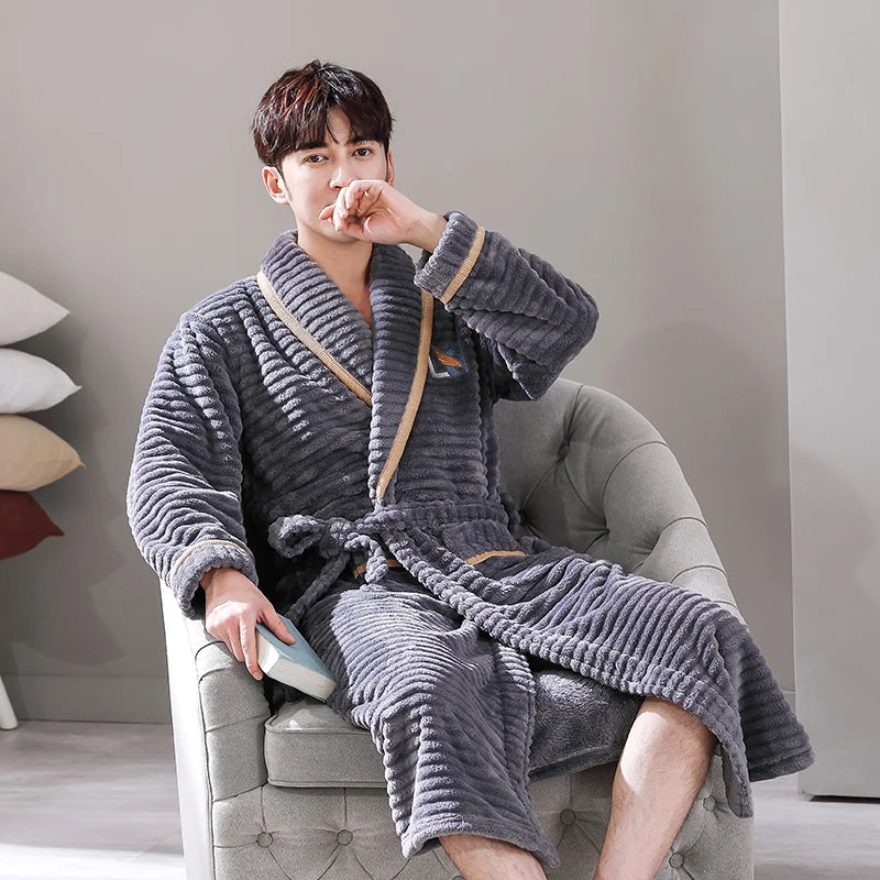 Men Sleepwear Robe Winter Flannel Thicken Terry Robe Male Long Sleeve Kimono Warm Bathrobe Home Wear Peignoir Men Robe