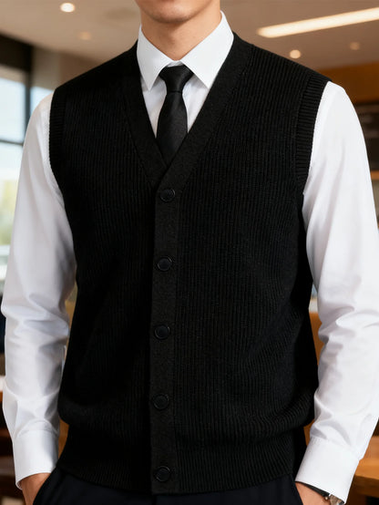 LVLAEA Men's Sleeveless Knitted Waistcoat Solid Color Textured Classic Old Money Autumn Spring Outdoor Single Breasted