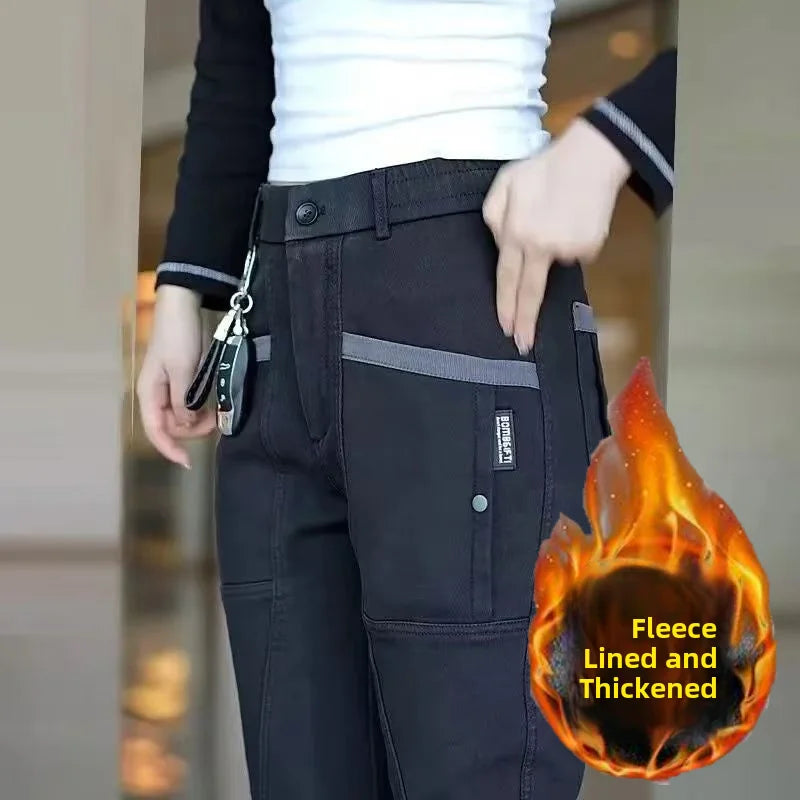 Men's Workwear Pants Elastic Waist Multi-Pocket Straight Leg Autumn Winter Durable Polyester Fiber Casual Trousers