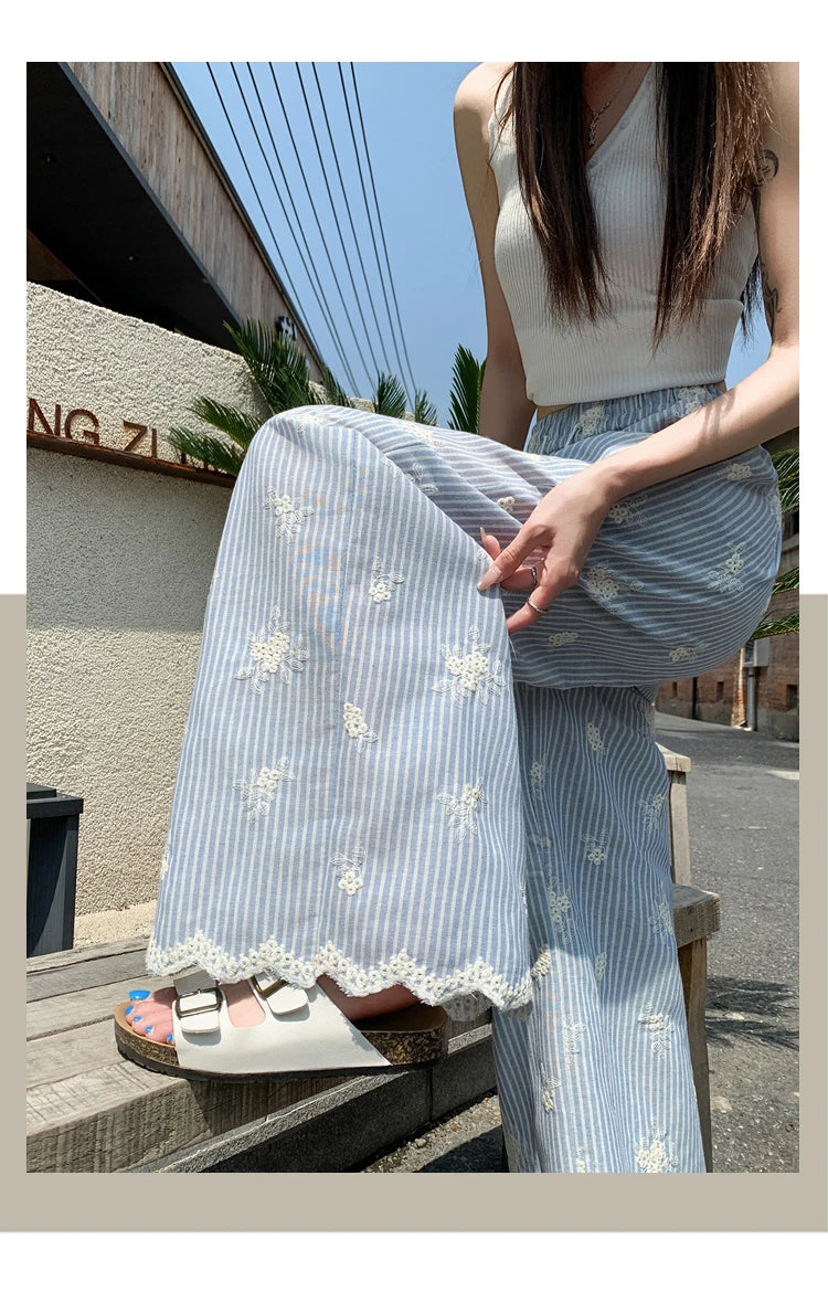 Vintage Blue Striped Embroidered Wide-leg Pants Women's Summer 2026 High-waisted Lace Stitching Casual Straight Trousers Popular
