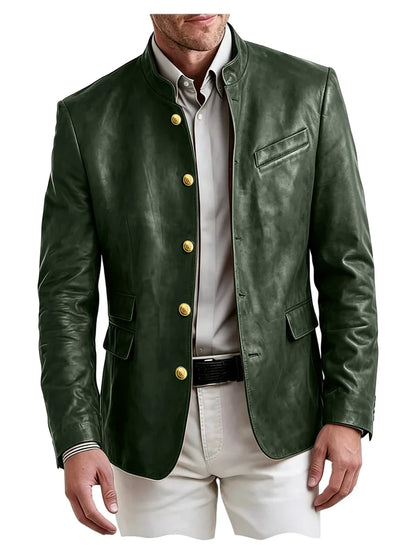 Men's Stand Collar Leather Blazer Slim Fit Single Breasted Golden Metal Buttons Multi Pocket Coat For Business Wedding Daily