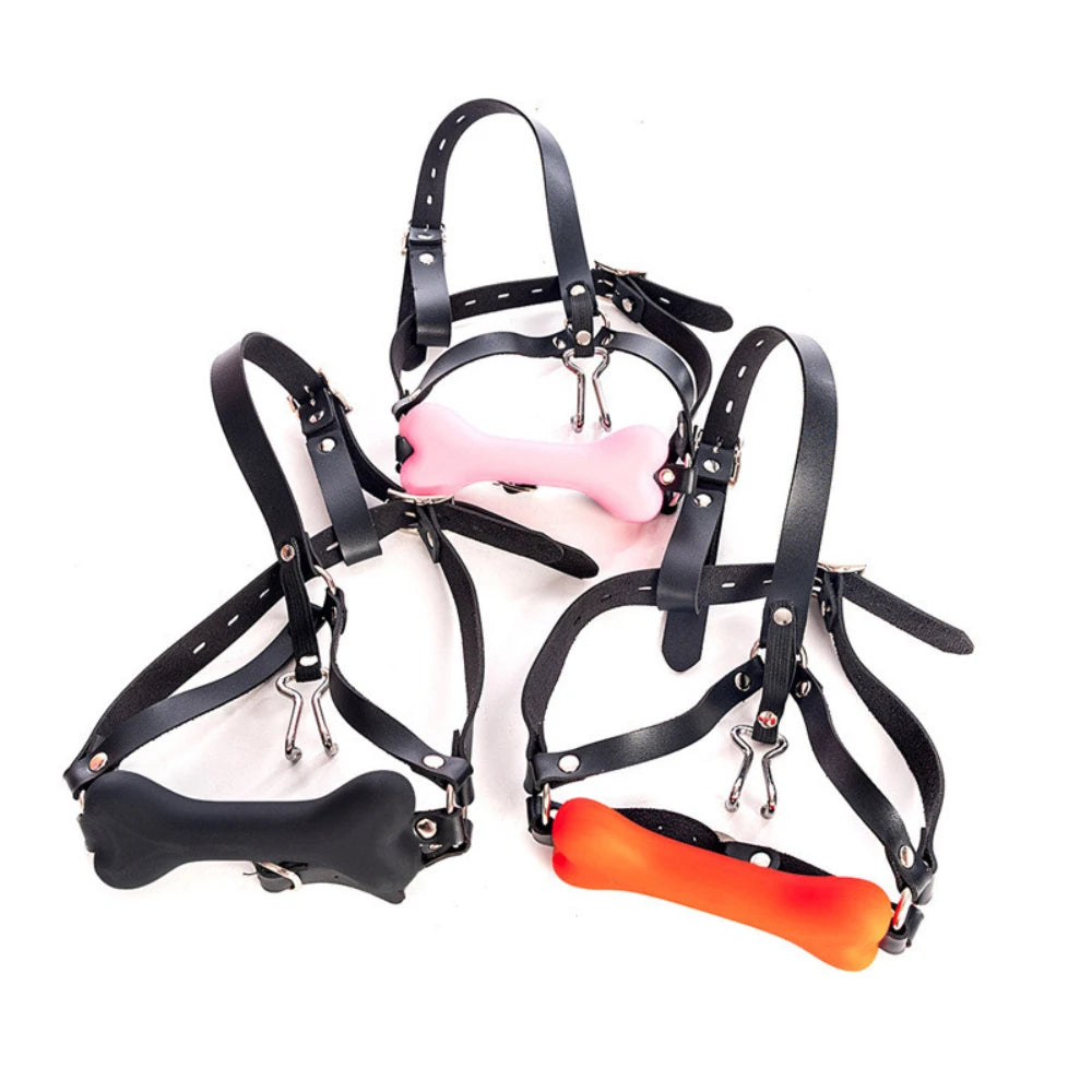 Leather Adjustable Harness with Nose Hook & Dog Bone Silicone Mouth Gag – Adult Sex Toy & Adult Game