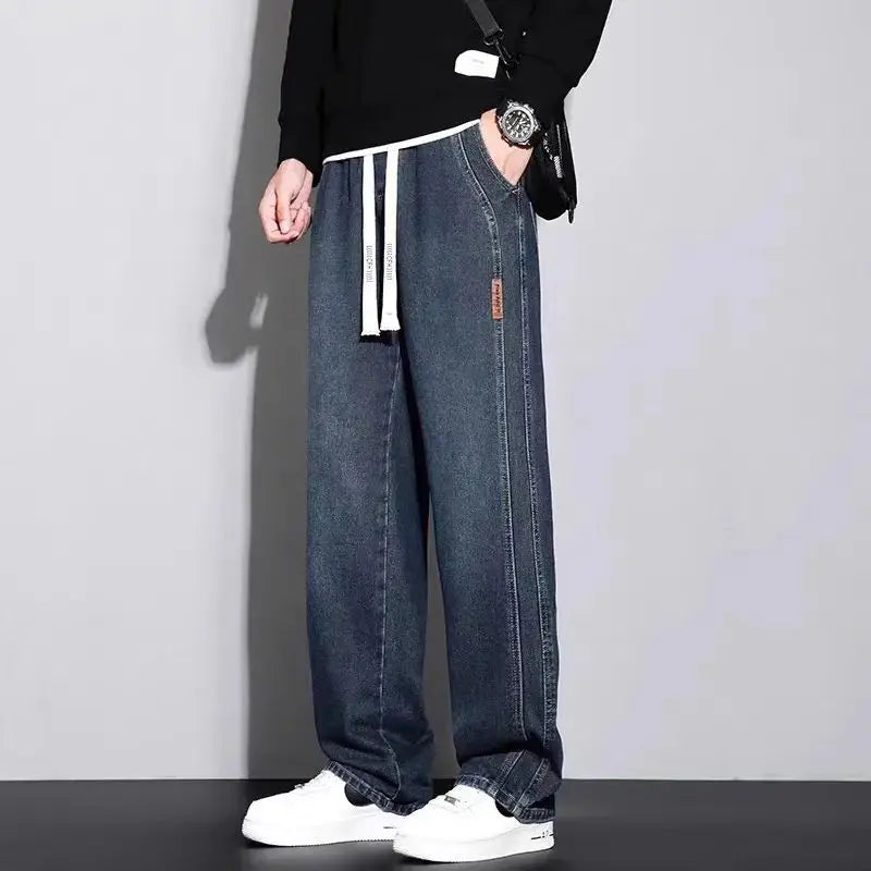 Retro American Wide Leg Men's Jeans Straight Thickened Fleece Loose Autumn Winter Wear Resistant Long Trousers Cotton Elastic...