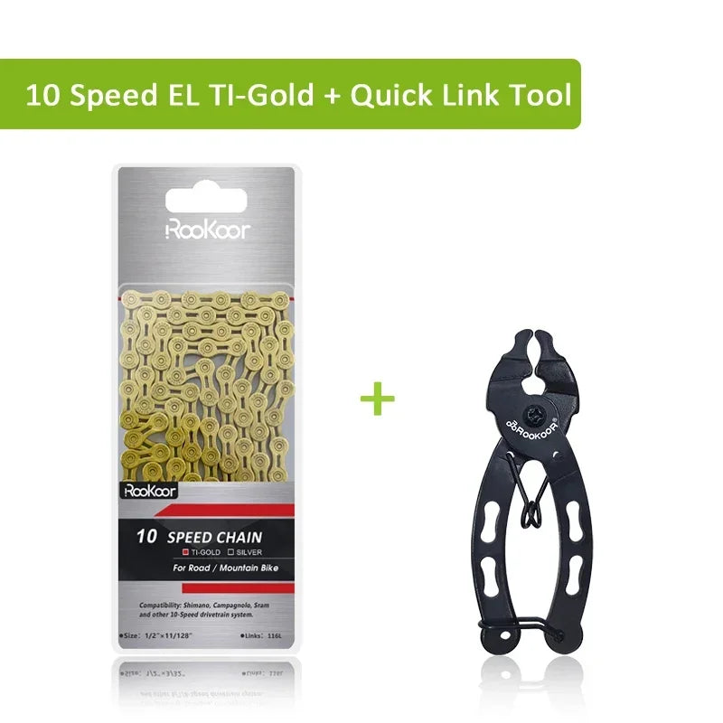 Rookoor Bicycle Chain 6 7 8 9 10 11 Speed Velocidade Titanium Plated TI Gold Silver Mountain Road Bike MTB Chains Part 116 Links