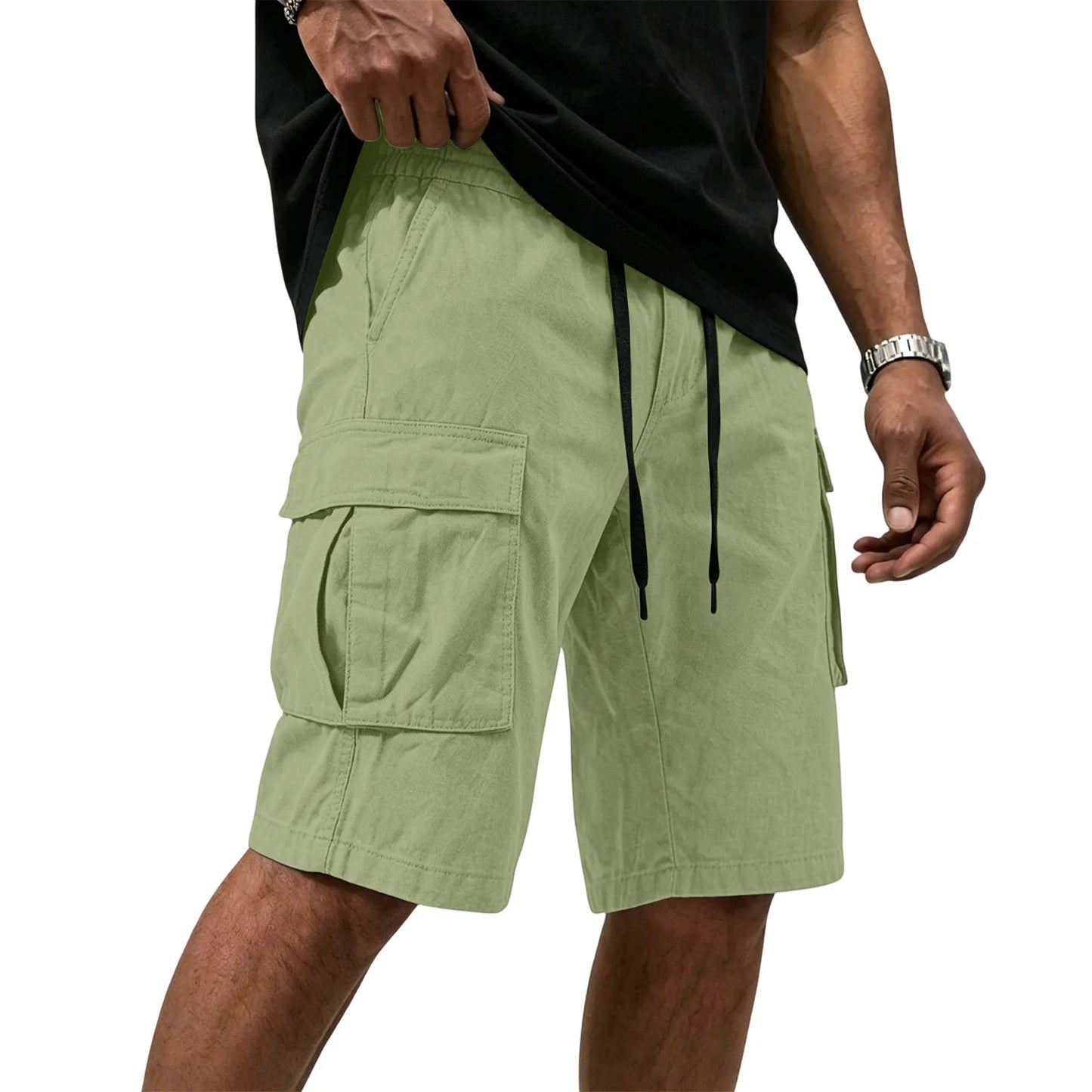 Men Multi-color Cargo Shorts Summer Loose Drawstring Elastic Waist Multi Pocket Quick Dry Casual Five Point Street Shorts