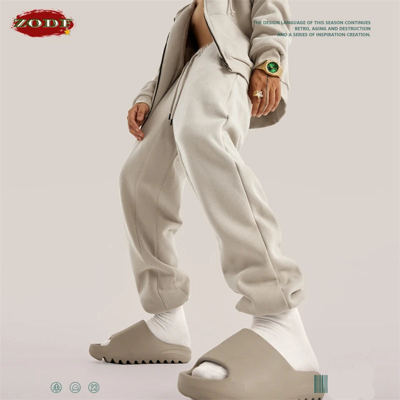ZODF Trendy Men 345gsm Fleece Sweatpant Unisex Solid Color Loose Retro Hip Hop Winter Joggers Pants Brand Clothes HY0005