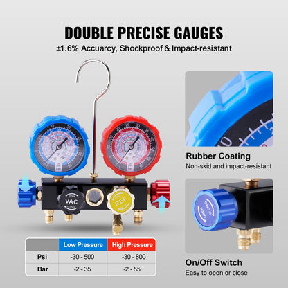 SucceBuy 4 Way AC Gauge-AC Manifold Gauge Set with 5ft Hoses for R134A/R22/R12/R410A Work on Car Freon Charging and Evacuation