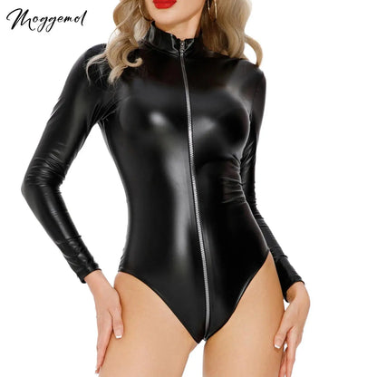 Womens Sexy Leather Bodysuits Tops Mock Neck Long Sleeve Leotard Front Double-end Zip Crotch One-piece Catsuit Jumpsuit Clubwear