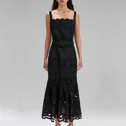 TWOTWINSTYLE Solid Hollow Out Elegant Dresses for Women Square Neck Sleeveless Patchwork Lace Dress Female Fashion Clothing New