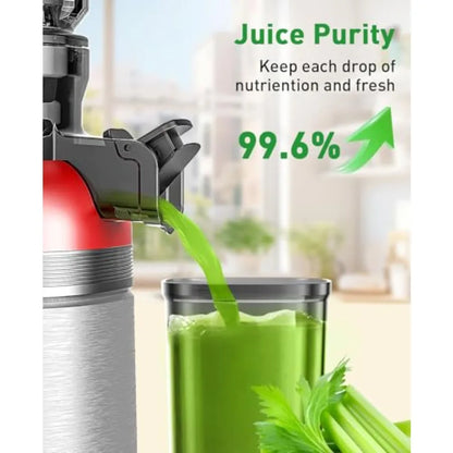 Cold Press Juicer Machines for home kitchen use, ABS plastic body, red color, wide feed chute and high juice yield