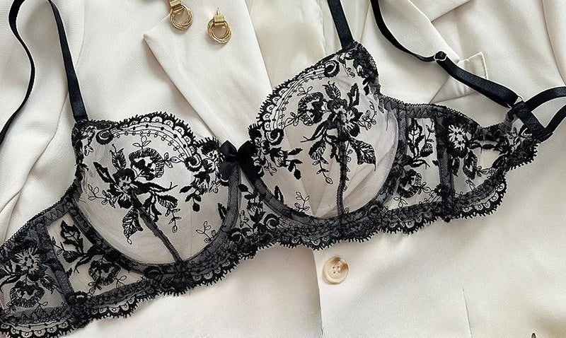 Red Ensemble Lingerie Broderie Florale Transparent Armature Push Up Coupe Ultra Fine Soutien-Gorge String Style Pure Désir Femme