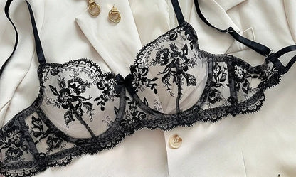 Red Ensemble Lingerie Broderie Florale Transparent Armature Push Up Coupe Ultra Fine Soutien-Gorge String Style Pure Désir Femme