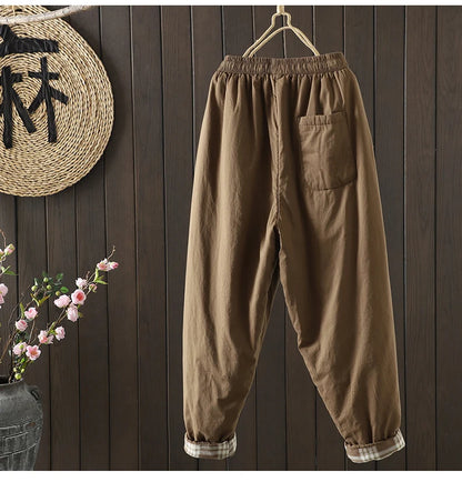 Retro  Color Cotton Filled Casual Loose Harem Pants Small Footed Trousers Winter Outerwear for Women plus Size