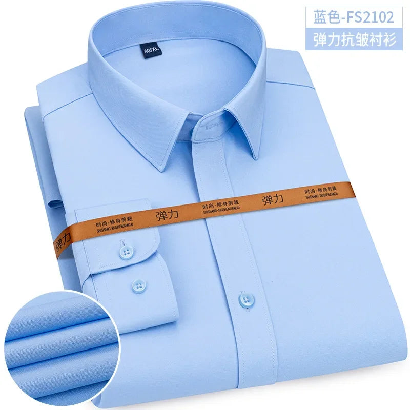 New Men's Shirt Long Sleeve Tooling Elastic Business Slim-fit Non-ironing Long Sleeve High-end Solid Color Men's Casual Shirts