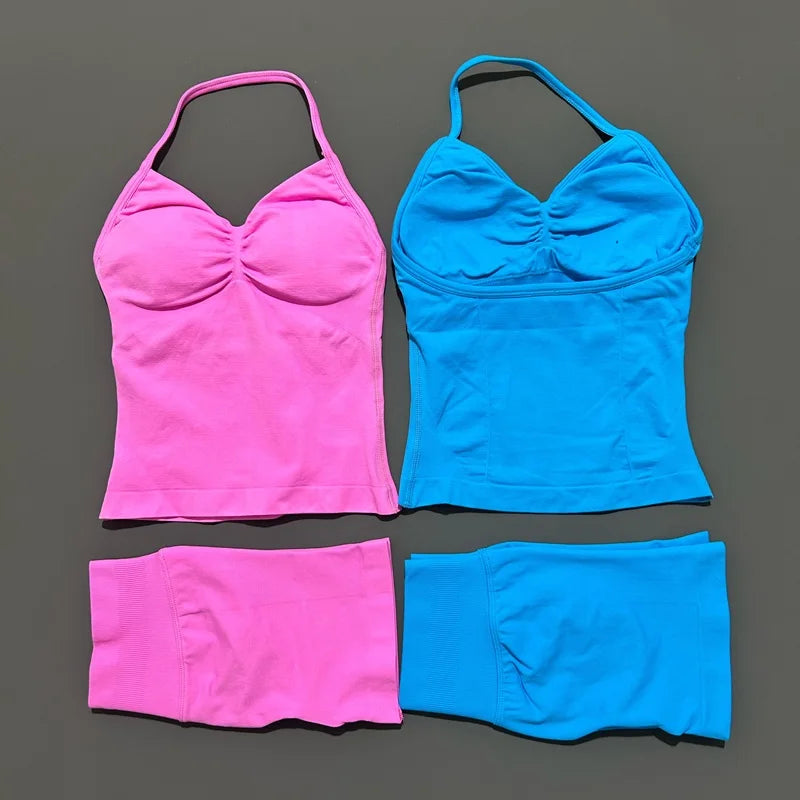 HISTELLO 2 Pieces Sports Set Women Yoga Longline Strap Top Scrunch Seamless Shorts Sport Gym Set Sportswear Workout Fitness Set