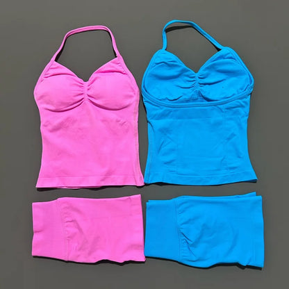 HISTELLO 2 Pieces Sports Set Women Yoga Longline Strap Top Scrunch Seamless Shorts Sport Gym Set Sportswear Workout Fitness Set
