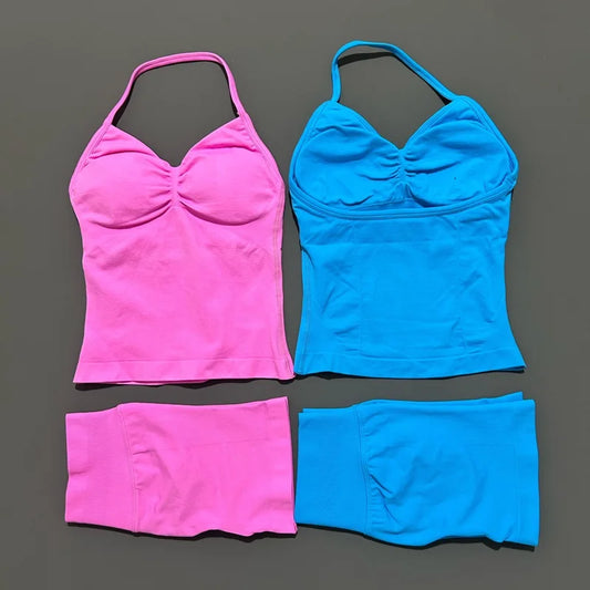 HISTELLO 2 Pieces Sports Set Women Yoga Longline Strap Top Scrunch Seamless Shorts Sport Gym Set Sportswear Workout Fitness Set