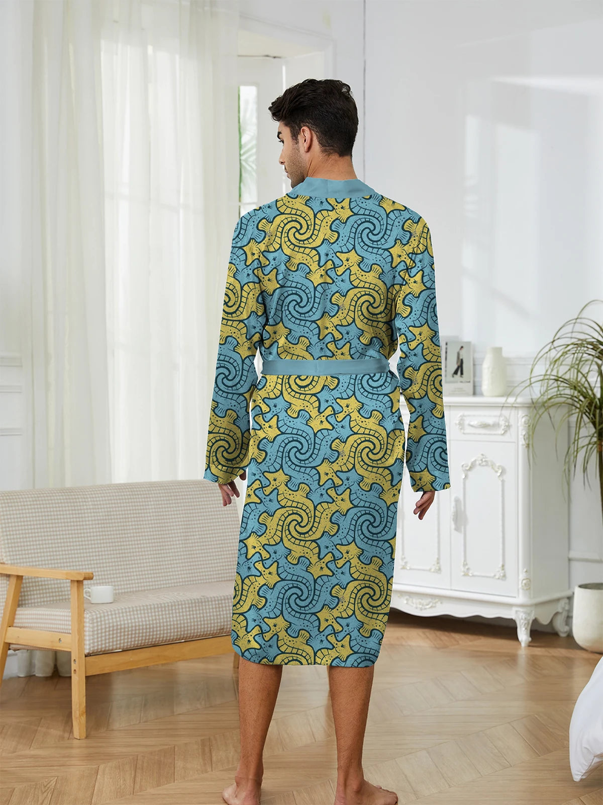 Men Robe 2025 Autumn Men Home Nightgown 3D Printed with Seahorse Pattern Long Sleepwear Thin Skin Friendly Quick Drying Bathrobe