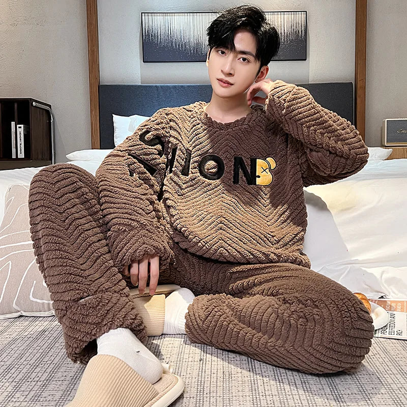 Autumn and Winter New Men's Coral Fleece Thermal Underwear Pajamas Homewear Suit Teenagers Thickened Facecloth Pajamas Homewear