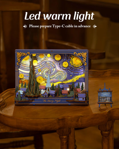 Robotime The Starry Night Wall Art Moving 3D Wooden Puzzle with LED Light Gears Interactive Desk Decor Unique DIY Gift for Adult