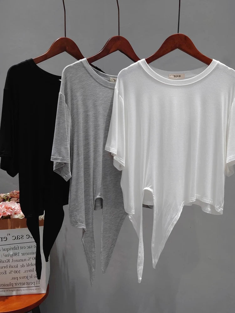 Ultra Soft Skin-Friendly Modal Summer Loose Short Sleeve T-Shirt Women's Asymmetrical Knot Waist Yoga Top Korean Style