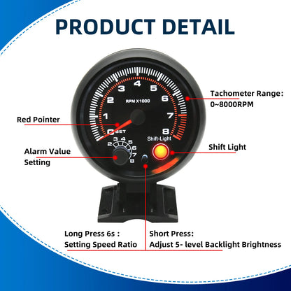 Black Tachometer Gauge with Red Shift Light Universal 3.75 Inch 95mm 12V White LED Auto 0-8000 RPM Meter Tacometro Tach Gauge