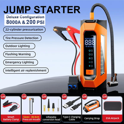 8000amp 200psi Tire Inflator Car Jumper Multifunction 12v Battery Booster Super Compressor Power Bank Jump Starter With Air Pump