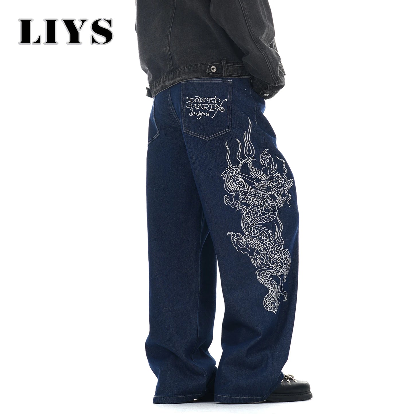 LIYS New Men's Blue Baggy Dragon Embroidered Wide Leg Jeans Spring Summer Classic Blue Baggy Washed Denim Pants Unisex Clothing