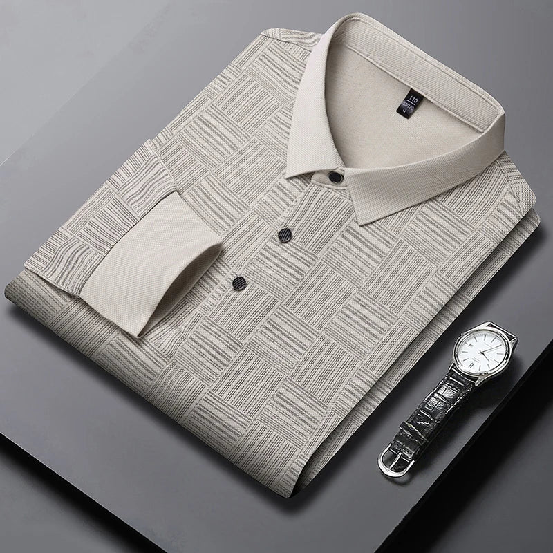 Spring Man Casual Turn-Collar Long-Sleeve T-Shirt Polo Shirt Half-Button Design Lapel Fashion Versatile Solid Color Men Clothing