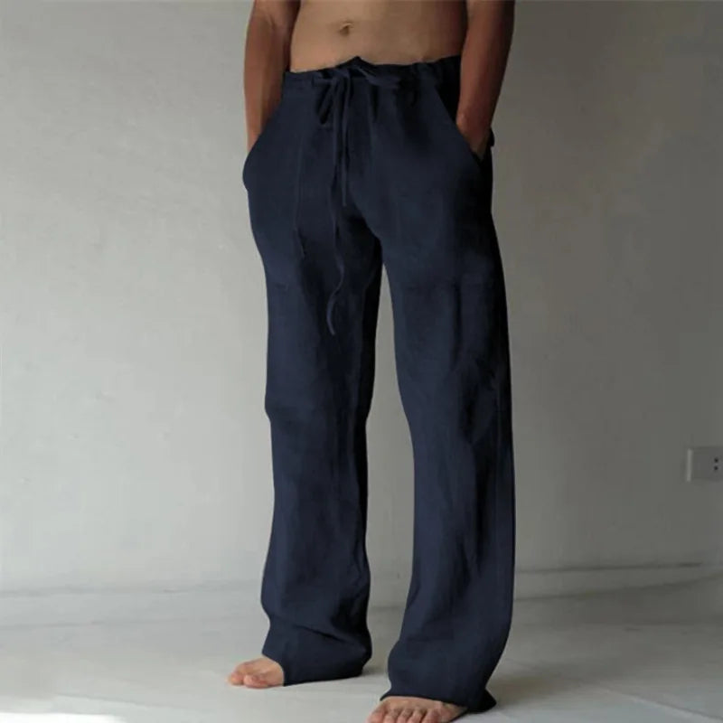 2026 New Men's Cotton Linen Pants, Elastic Waist Solid Color Straight Wide Leg Casual Trousers